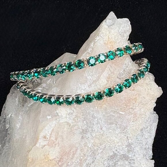 Two Vintage Stretch Rhinestone Bracelets in Emerald Green & Silver - Picture 4 of 5